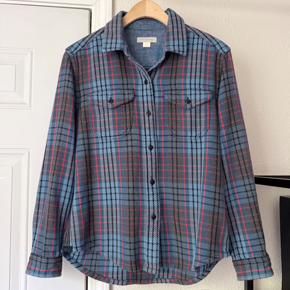 OUTERKNOWN blue plaid organic cotton long sleeve button up shirt jacket shacket